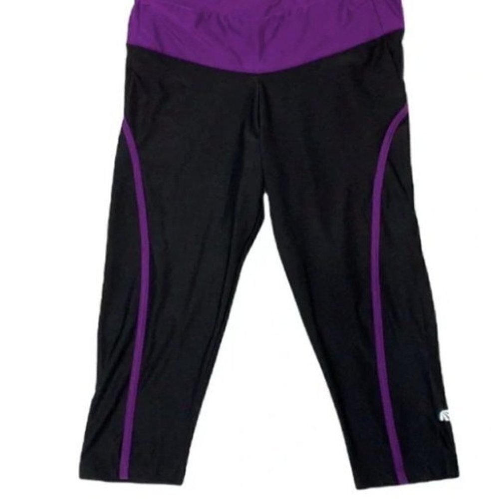 Marika Tek Cropped Workout Yoga Legging Pants - Black/Purple, Sz L Poly/Spandex